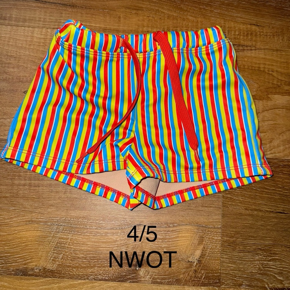 Kortni Jeane Kids Swim Trunks - Red, Yellow, Blue Stripes